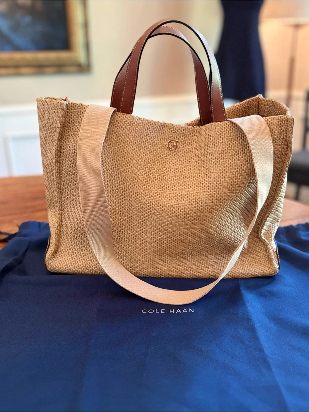 Cole Haan Tan Woven Tote with Brown Leather Handles